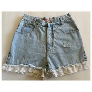 Vintage 90s Distressed Light Wash Denim High Rise Mom Shorts Size S Lace Hem